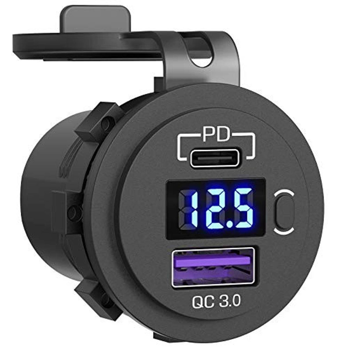 Black dual-car USB charger socket with blue LED display and PD and QC 3.0 ports