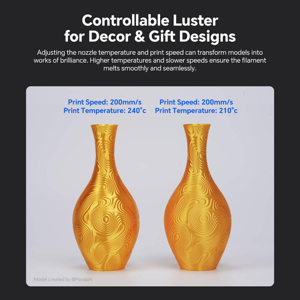 Golden luster vases 3D printed from silk filament, two decorative bottle-shaped models