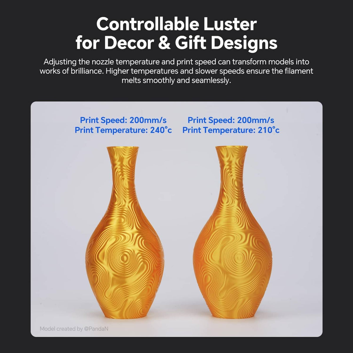 Golden luster vases 3D printed from silk filament, two decorative bottle-shaped models