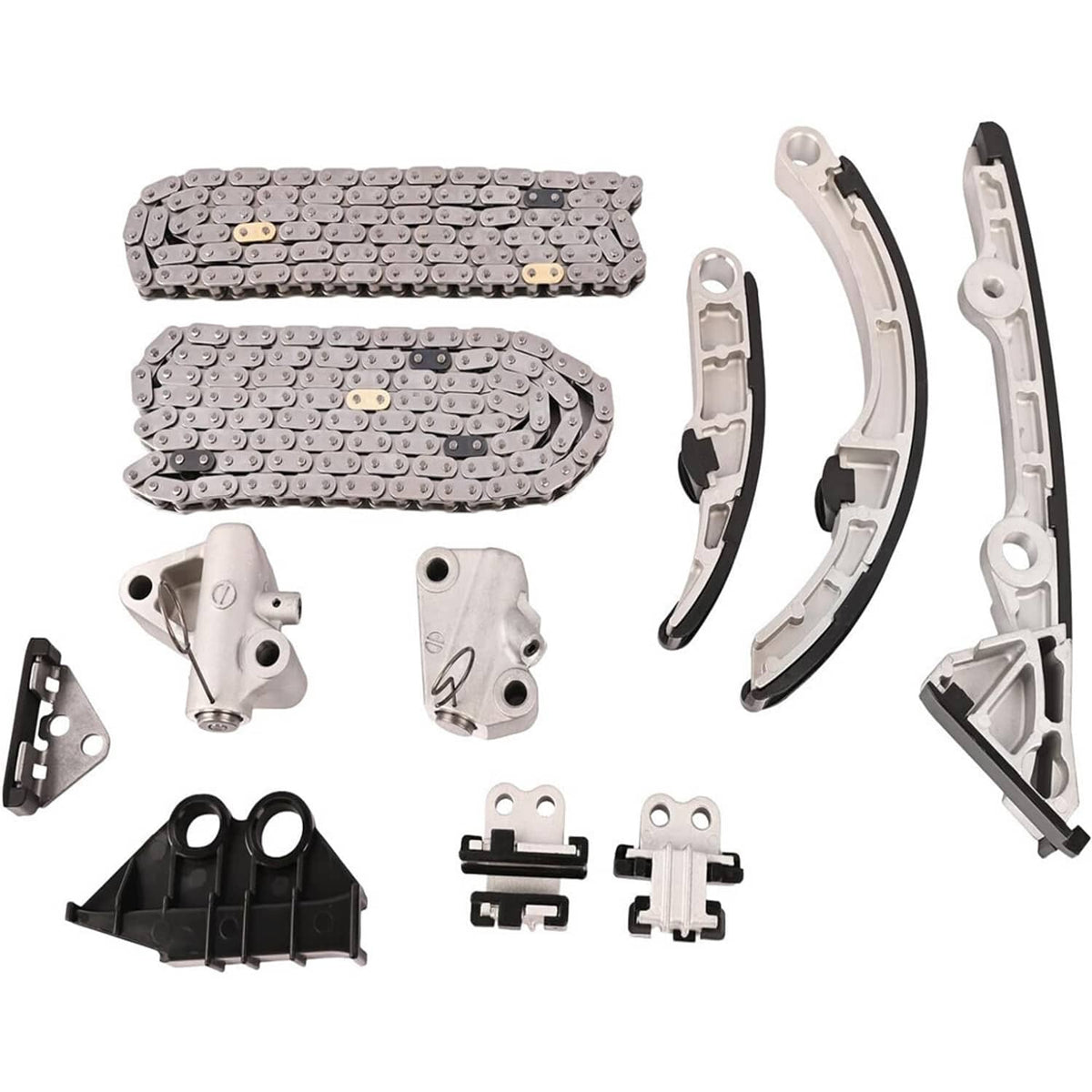 Timing chain kit layout with two metal chains, curved guides, tensioner, and mounting brackets