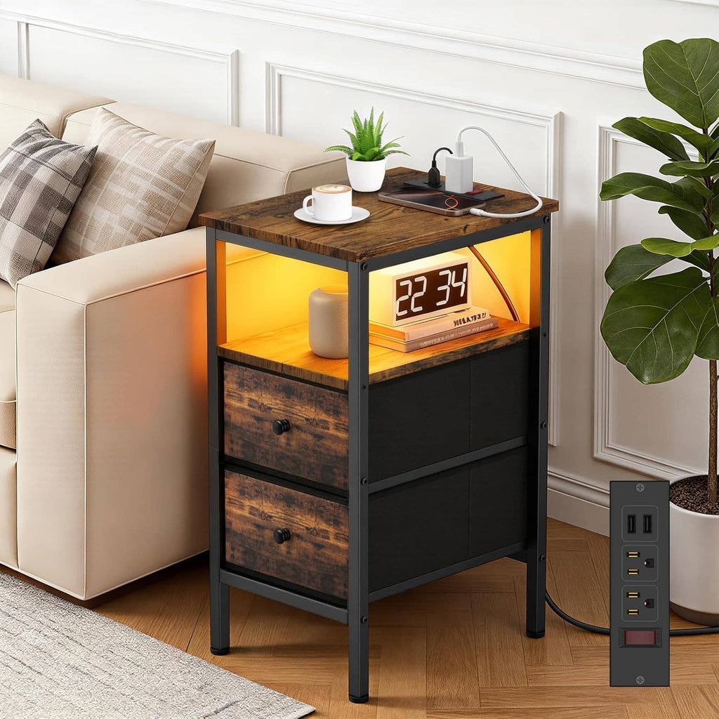 Narrow side table with LED glow, digital display, and charging station ports