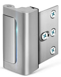 Silver childproof security door lock with mounting plate and screw holes
