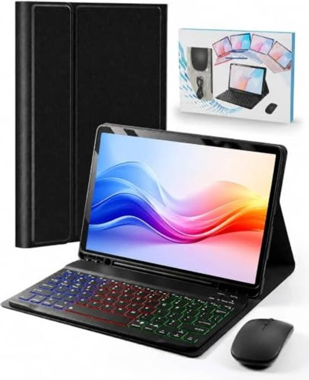 Black tablet keyboard folio case with detachable stand and built-in trackpad
