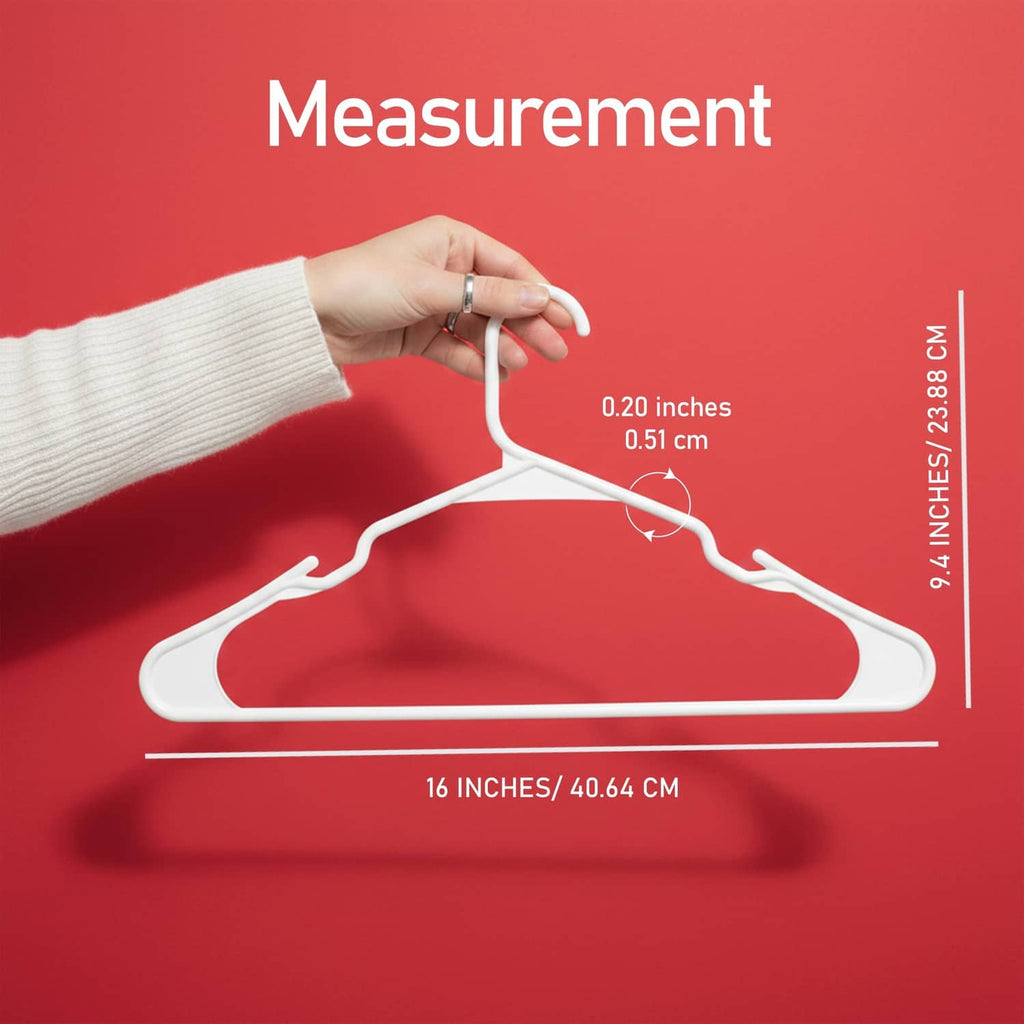 White plastic clothes hanger with curved hook and size guide lines