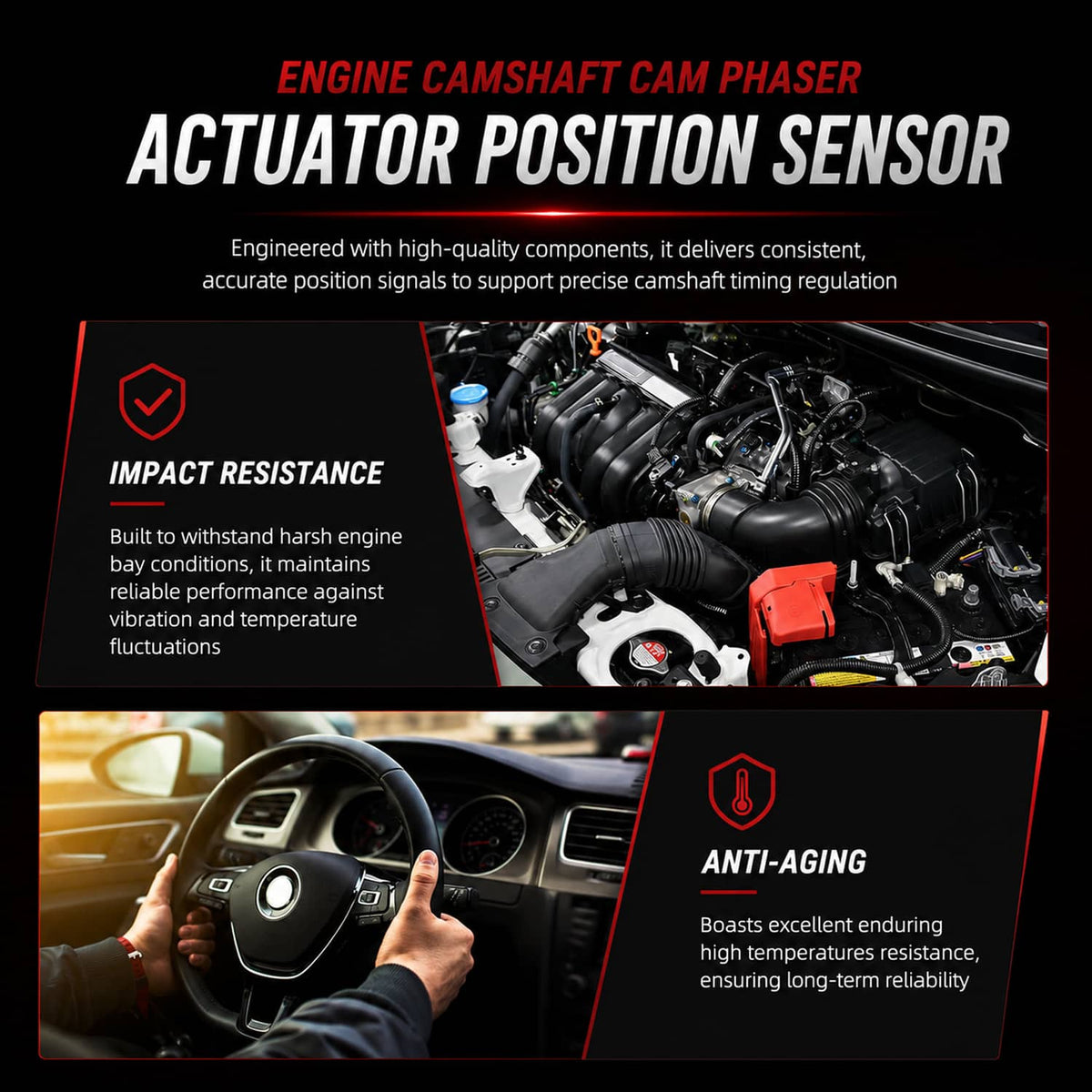 Camshaft phaser actuator position sensor with black housing and silver top