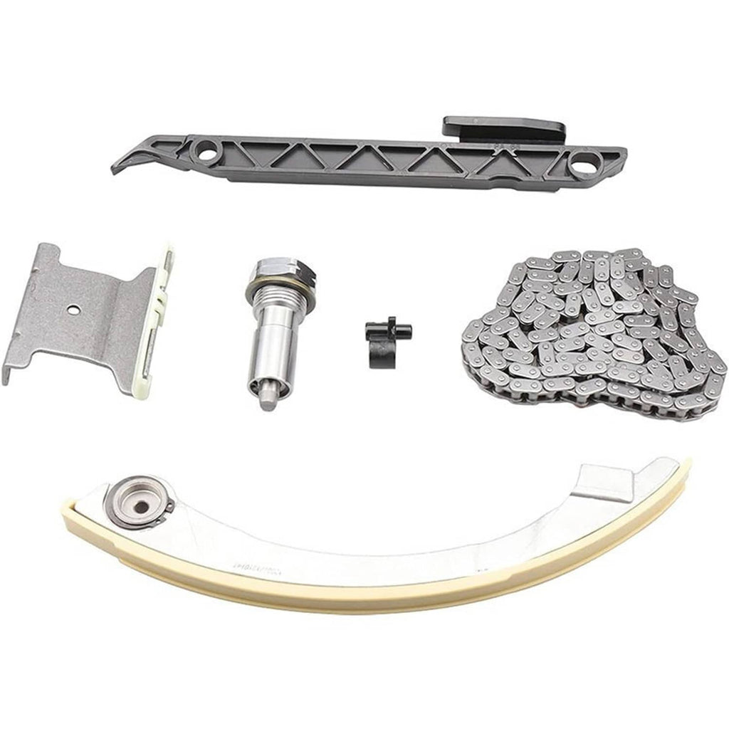 Timing chain kit parts set with black guide bar, chain links, tensioner, and bracket