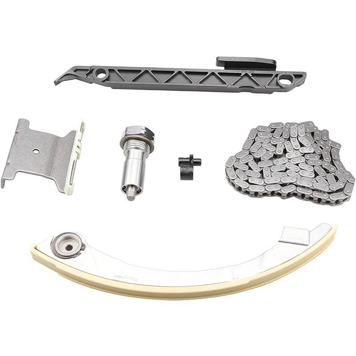 Timing chain kit parts set with black guide bar, chain links, tensioner, and bracket