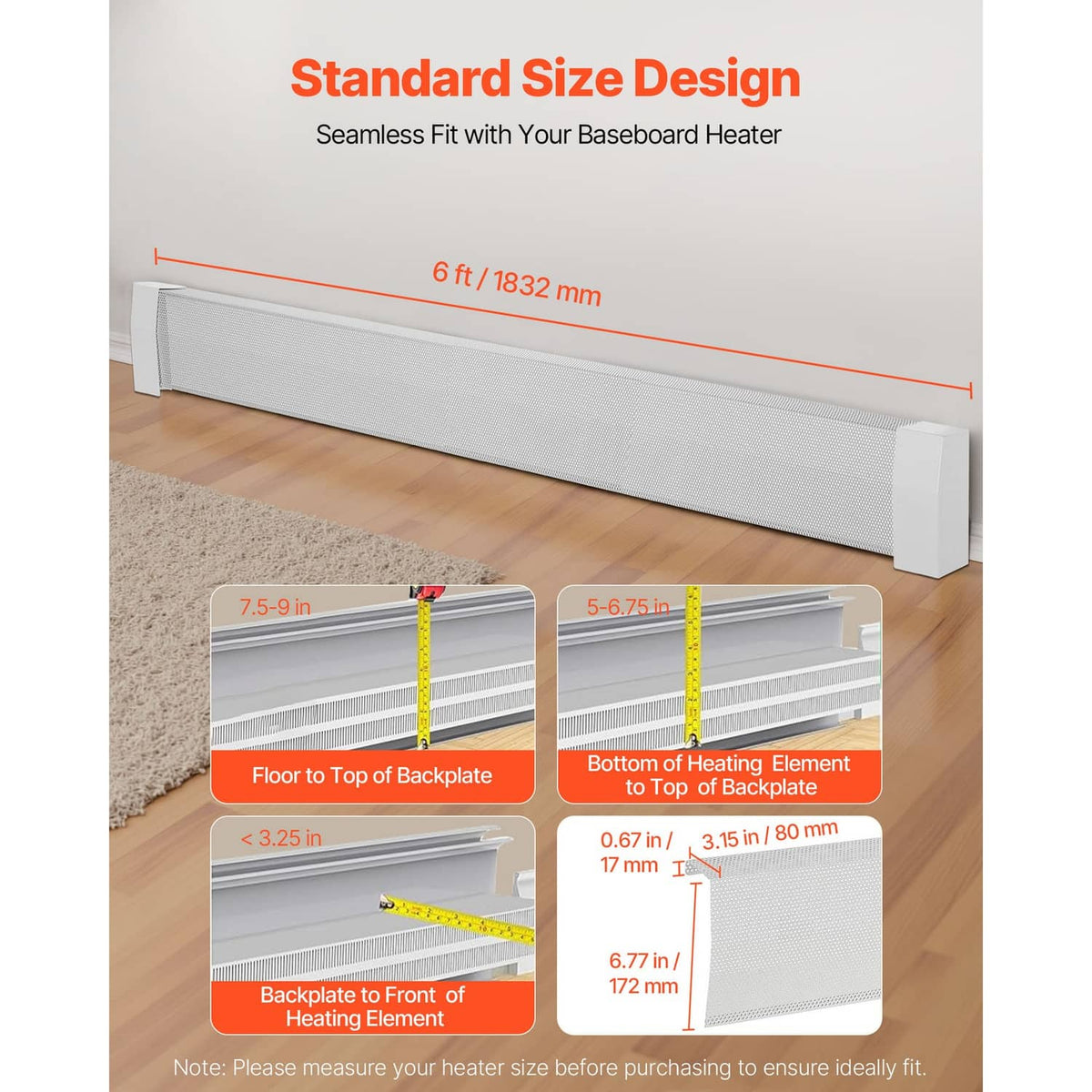 White 6 ft baseboard heater cover with end plates and included brackets