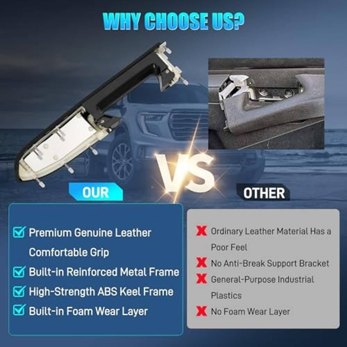 Driver-side armrest handle with close-up inset and durability comparison graphic