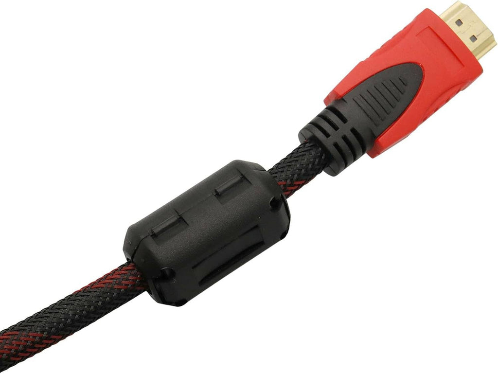 Clip-on ferrite core near a USB-A connector on a red-black braided cable