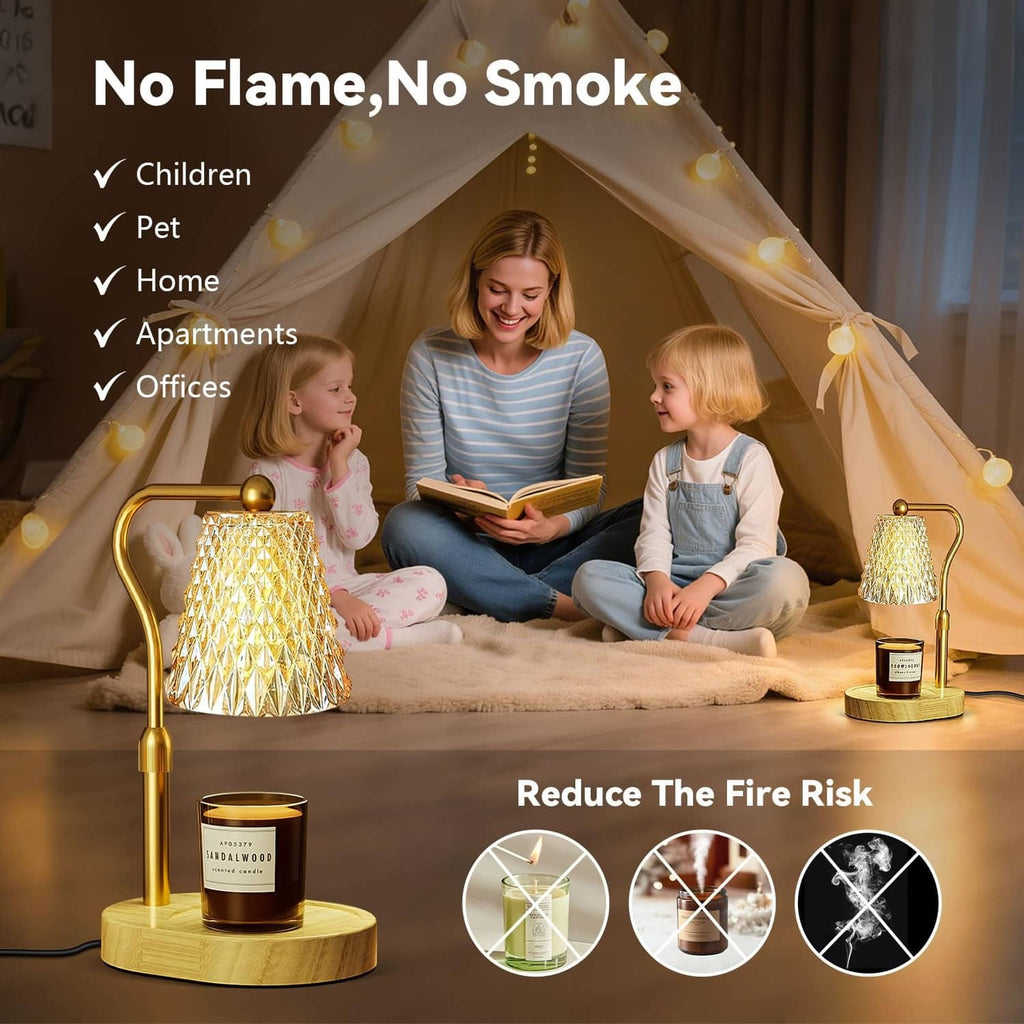 Amber-gold flame-free candle warmer lamp with faceted glass shade on wooden base