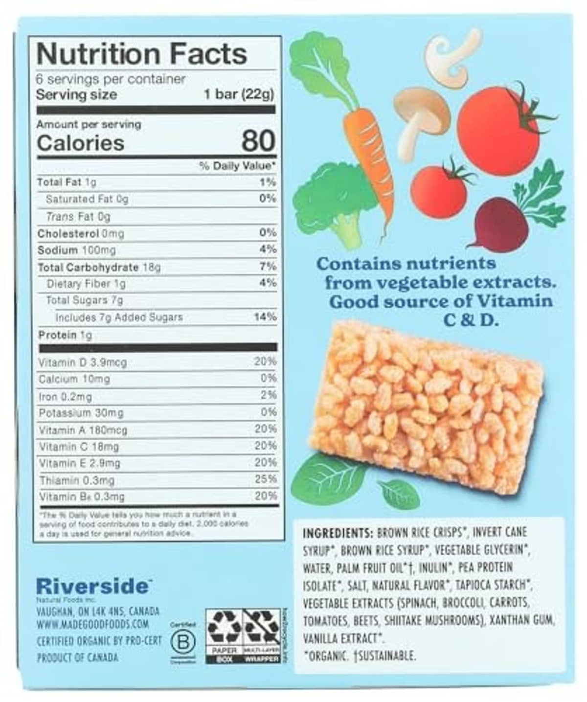 Nutrition facts panel for vanilla crispy squares, calories 80 per bar