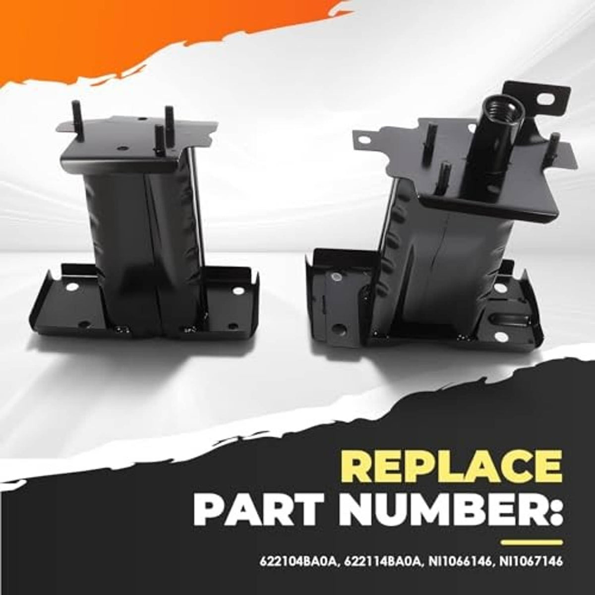 Pair of black front bumper bracket assemblies with tall center posts; replacement use
