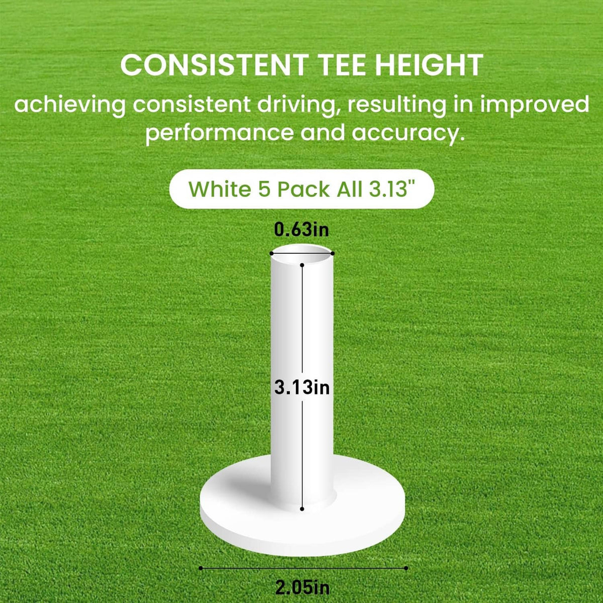 White rubber golf tee showing 3.13 in height with base width measurements