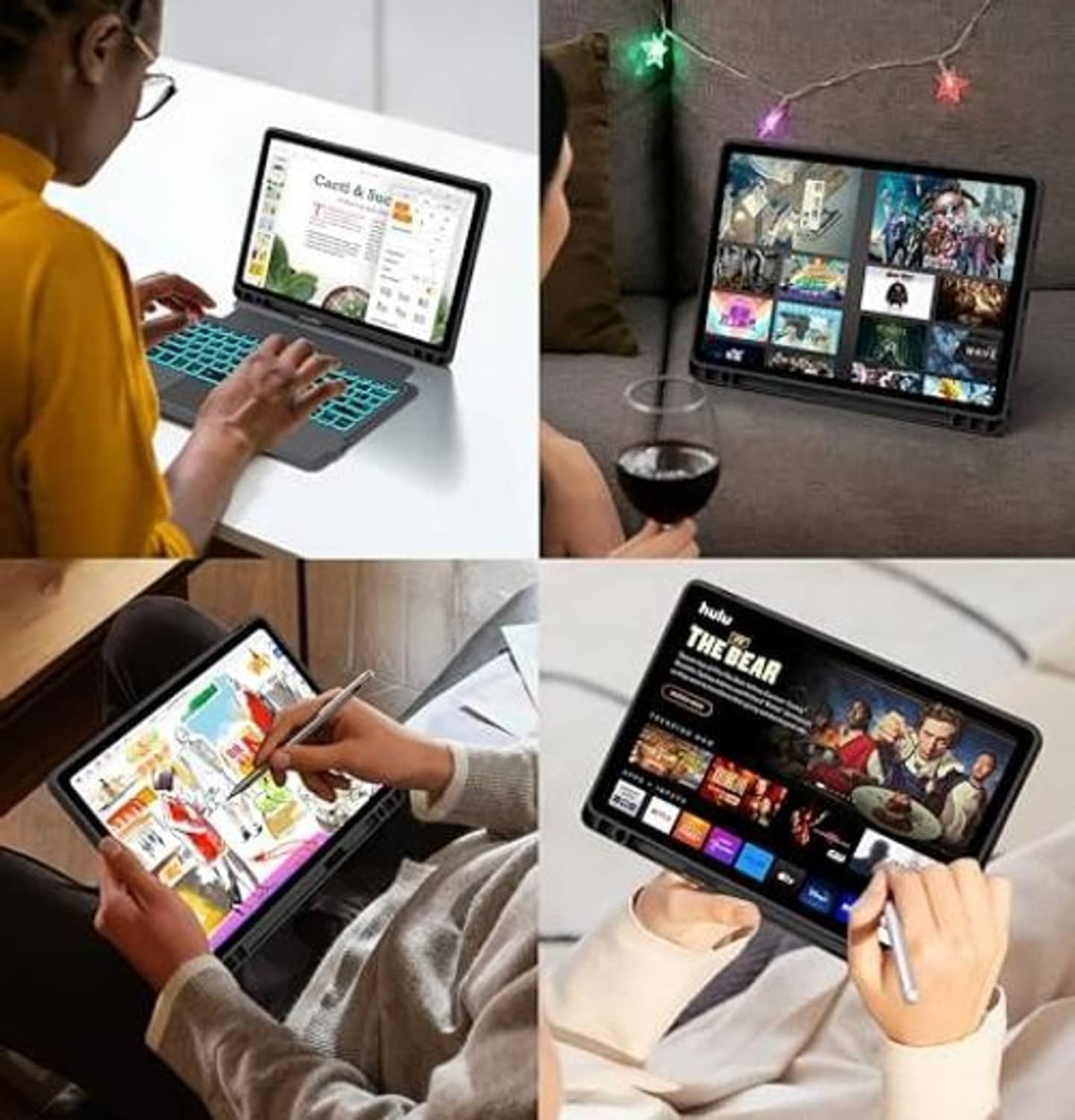 Black tablet keyboard case with teal backlit keys and Type-C charging port
