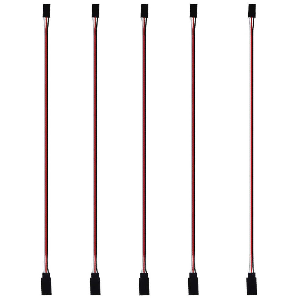 Five 3-pin servo extension leads with black connector ends and colored wires