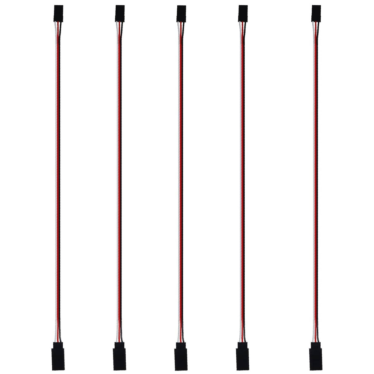 Five 3-pin servo extension leads with black connector ends and colored wires