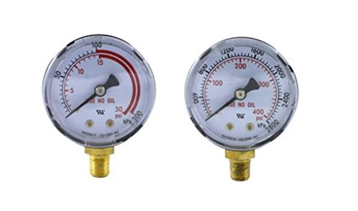 Dual acetylene pressure gauges, round dials with brass threaded stems and colored scale