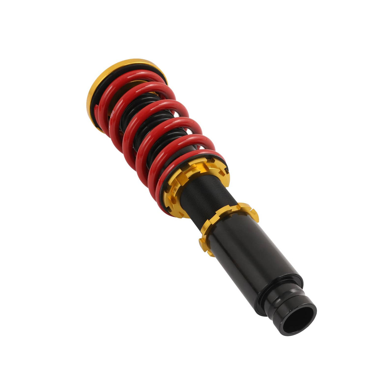 Angled close-up of adjustable coilover strut with red spring and gold collar.