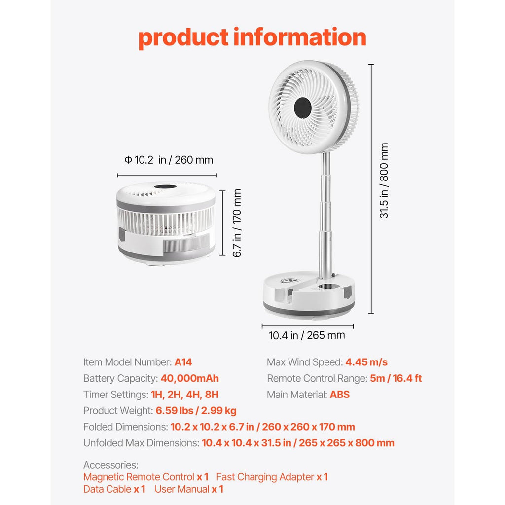 Product dimensions chart for foldable rechargeable fan with white fan parts