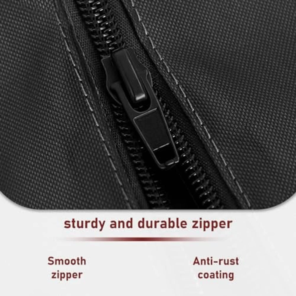 Black zipper track detail on umbrella cover with stitched fabric edges