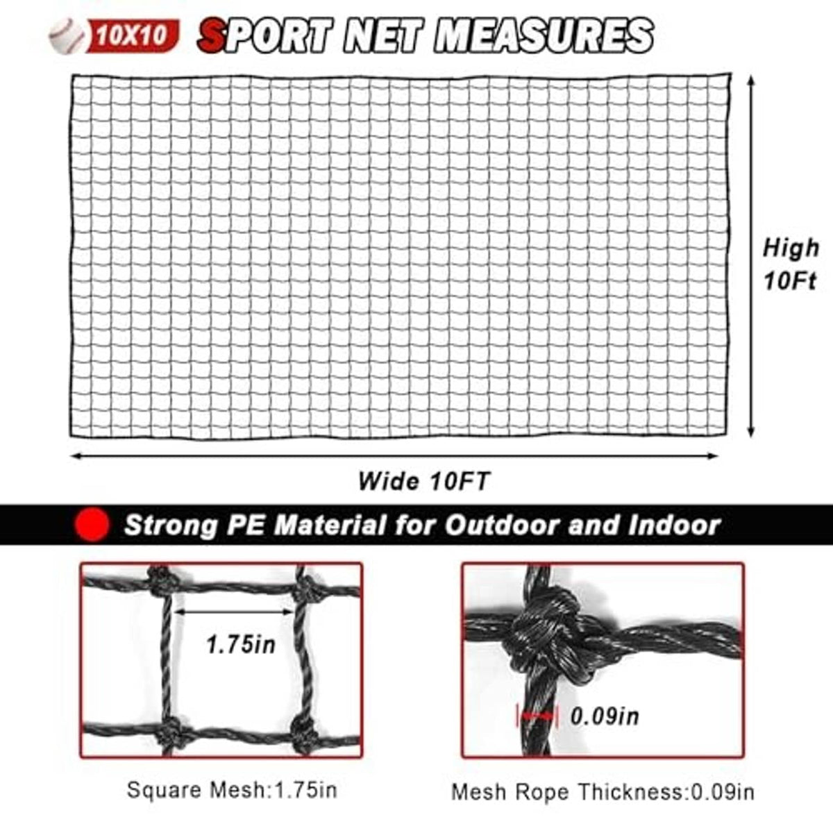 Black sport net sheet with tight square mesh, 10 ft height and 10 ft width