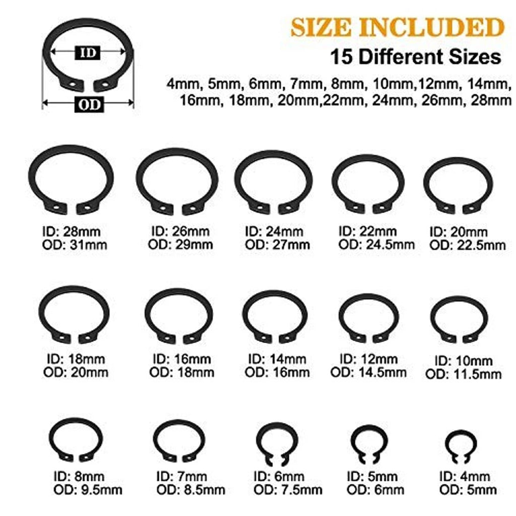 Black snap ring size chart showing ID and OD dimensions for various circlips