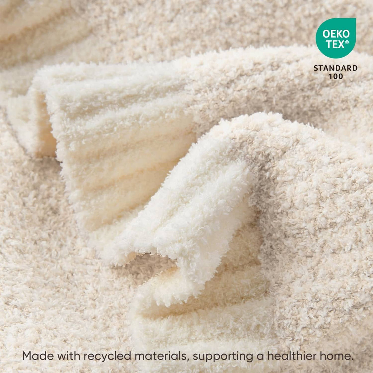 Ivory plush throw blanket close-up of thick ribbed sherpa-like texture