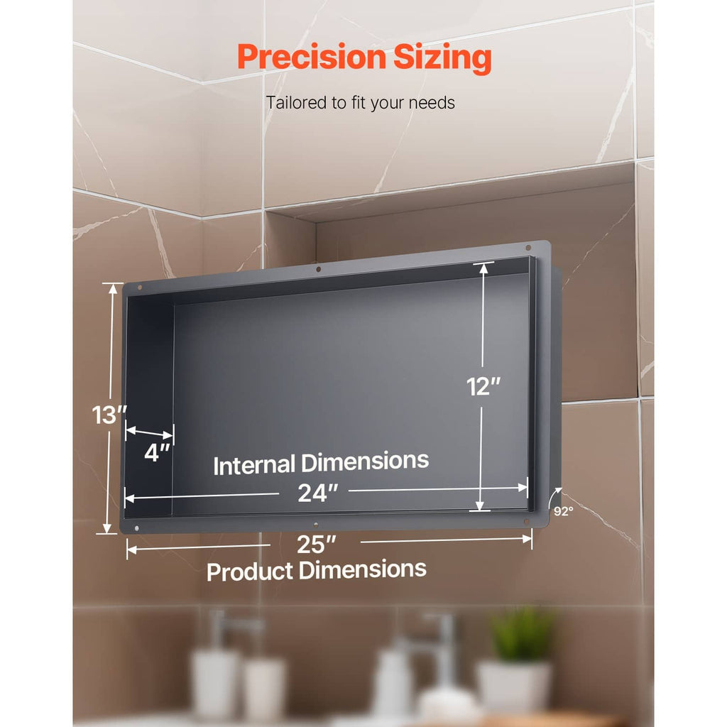 Black shower niche recessed shelf with dimension guidance for internal storage