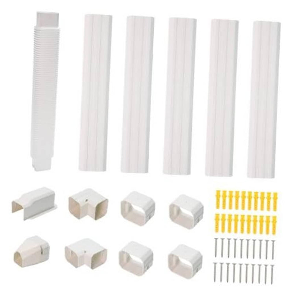 White PVC mini split line set cover kit pieces, straight ducts, elbows, screws, couplings