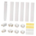 White PVC mini split line set cover kit pieces, straight ducts, elbows, screws, couplings