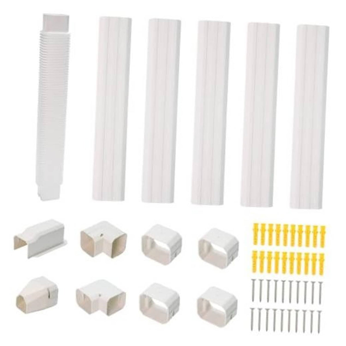 White PVC mini split line set cover kit pieces, straight ducts, elbows, screws, couplings