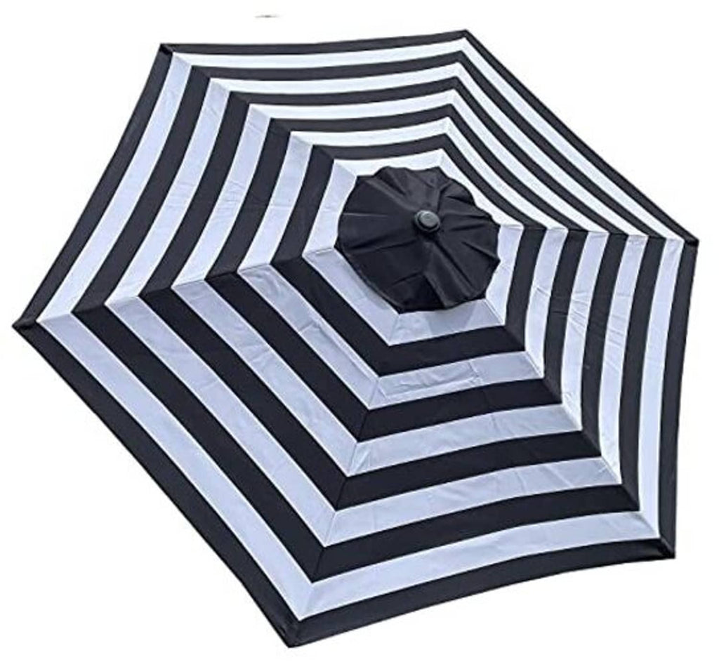 Black-and-white striped patio umbrella replacement canopy, black center finial detail