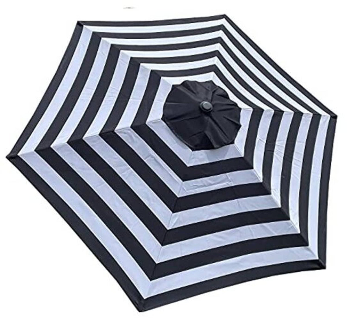 Black-and-white striped patio umbrella replacement canopy, black center finial detail