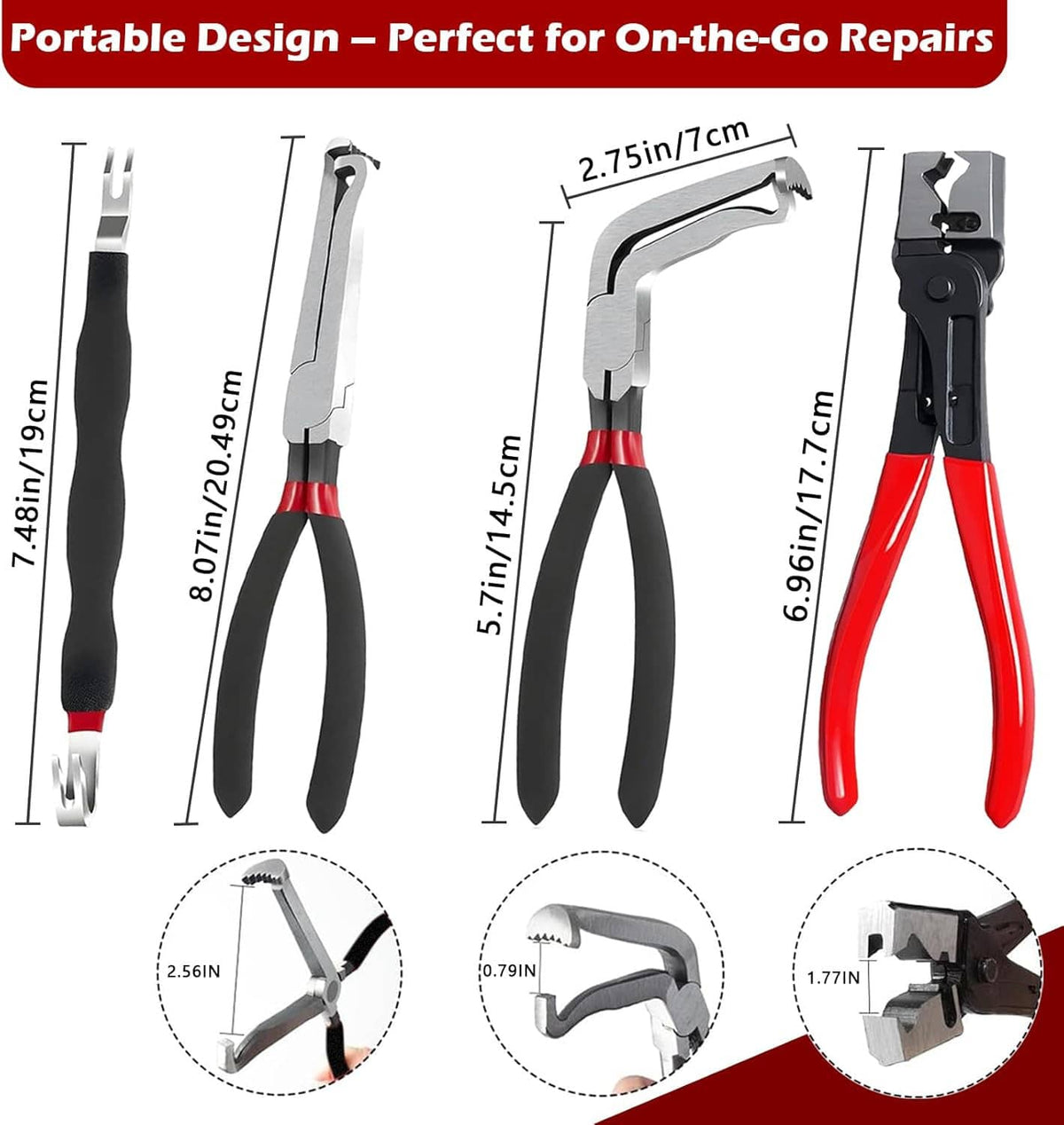 Set of red-and-black electrical removal pliers with curved jaws and metal ends