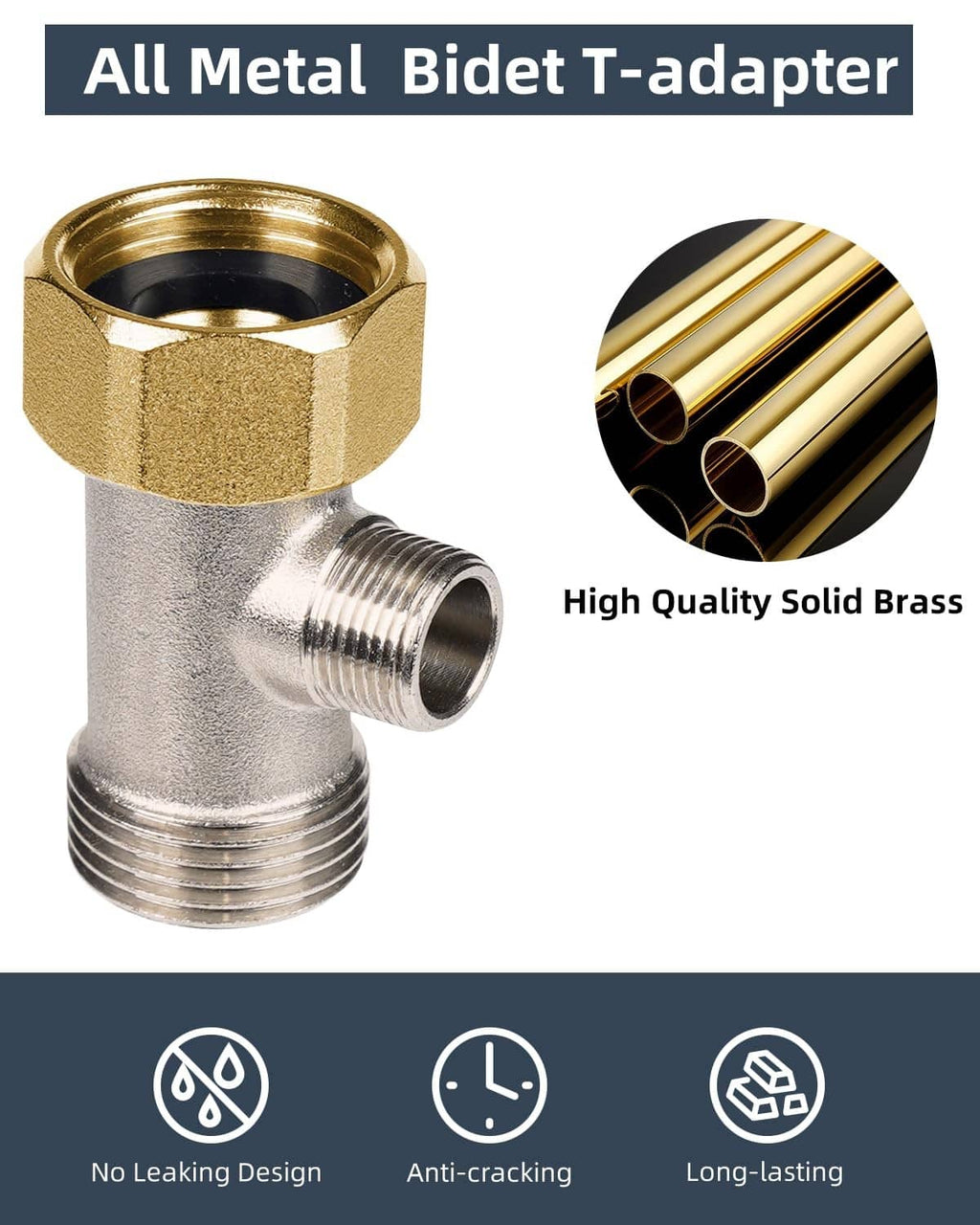 Solid brass bidet T-adapter with threaded ports, shown with close-up of brass tube