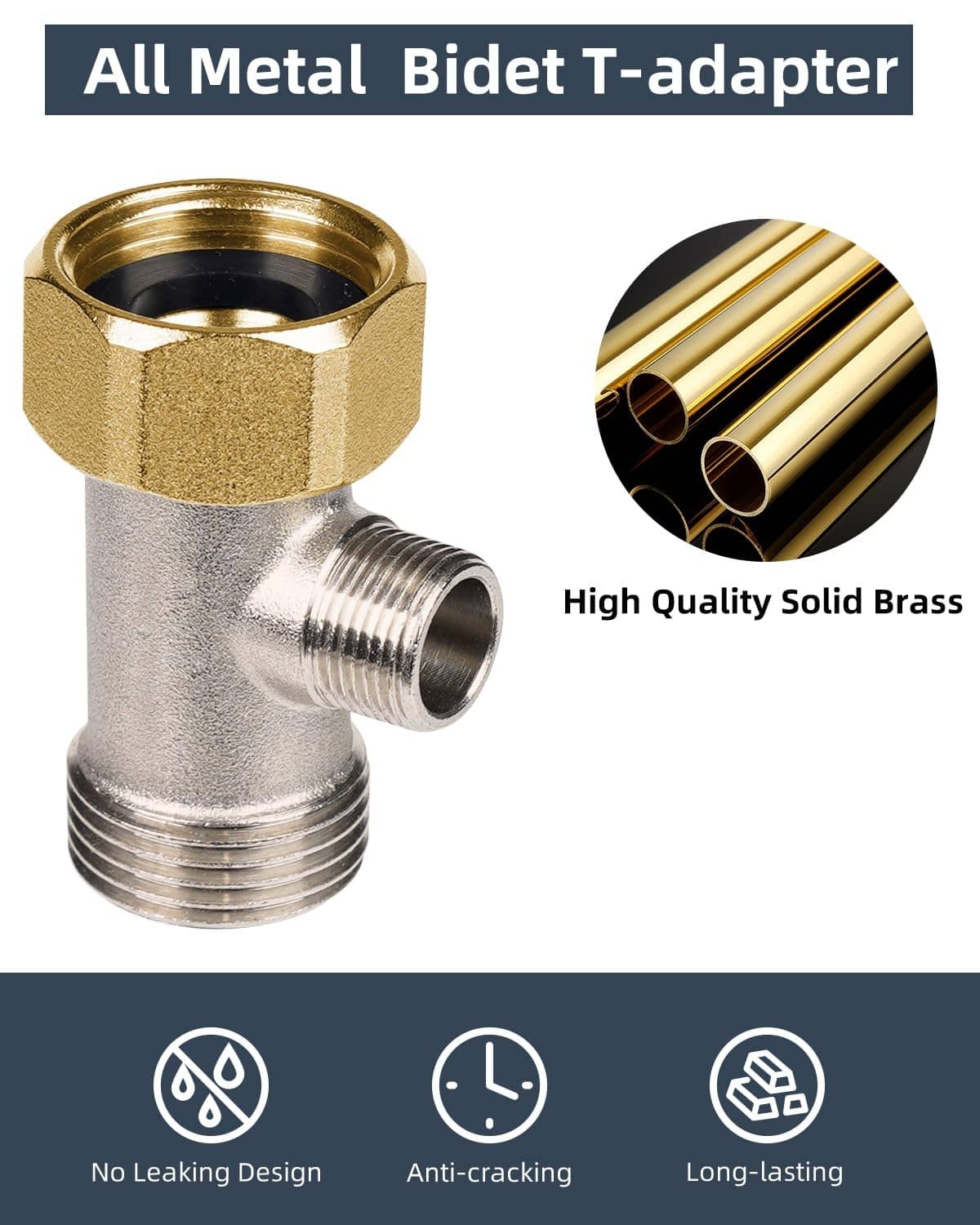 Solid brass bidet T-adapter with threaded ports, shown with close-up of brass tube