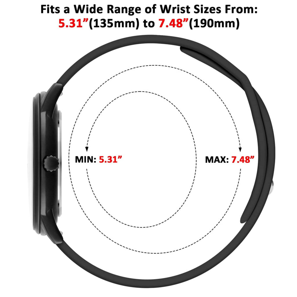 Adjustable black silicone watch band size range 5.31–7.48 in
