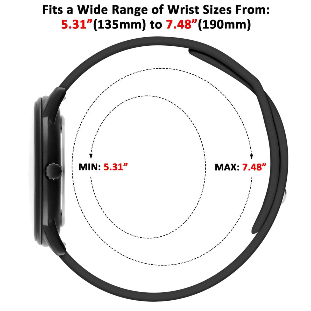 Adjustable black silicone watch band size range 5.31–7.48 in