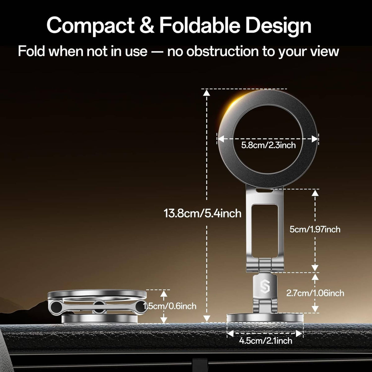 Compact foldable magnetic car phone mount with small silver base and halo ring