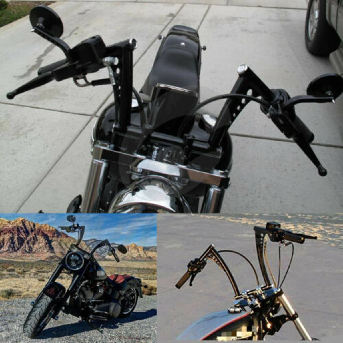 Black motorcycle handlebars and risers installed on front of touring-style bike