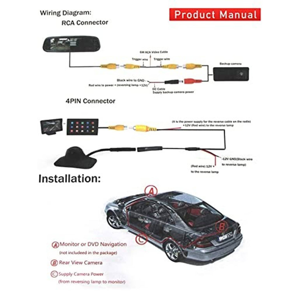 Back up camera installation diagram with RCA and 4-pin connectors