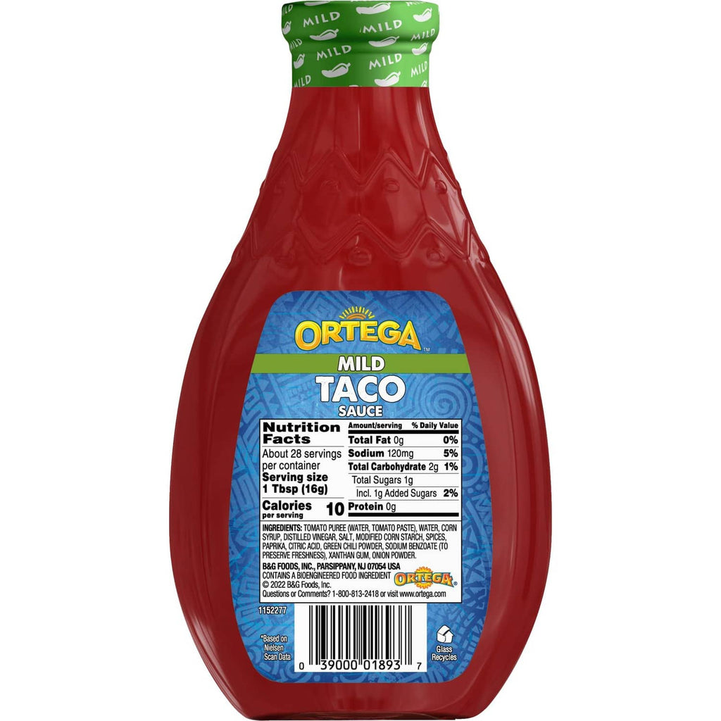 Mild taco sauce bottle back view with nutrition facts label