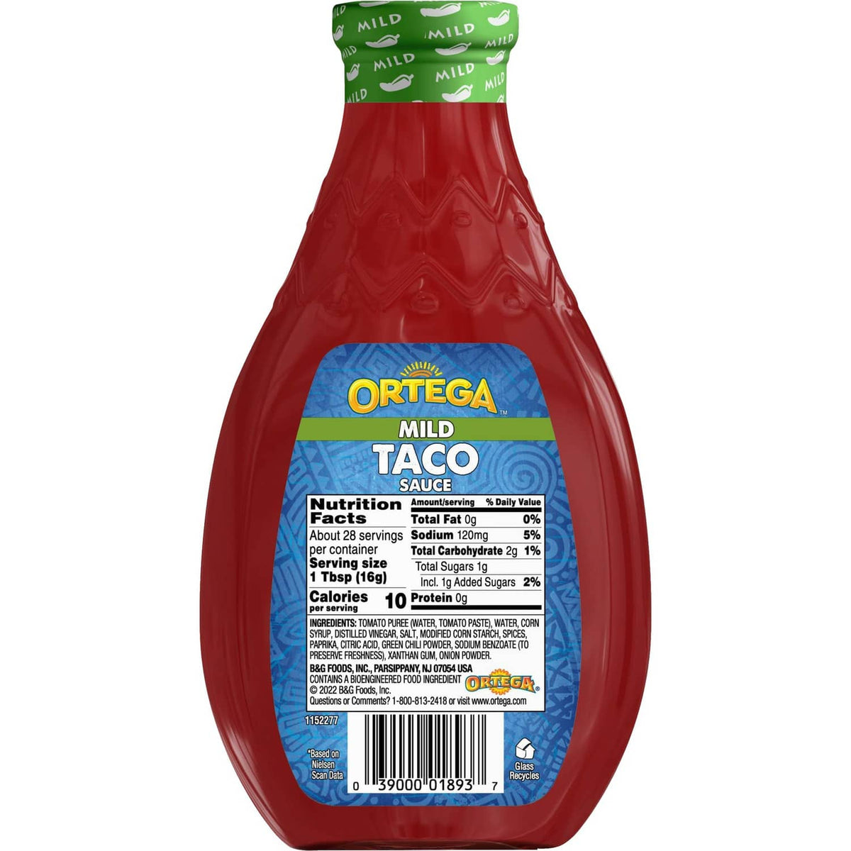 Mild taco sauce bottle back view with nutrition facts label