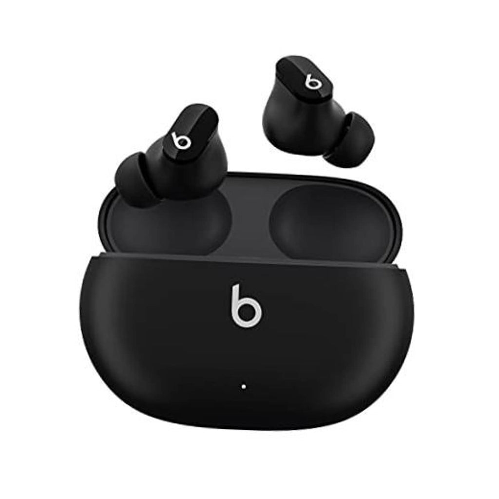Black true wireless earbuds with charging case, glossy finish and b logo on earbuds and case