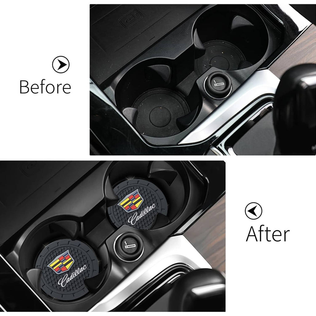 Black silicone cup holder coasters with Cadillac crest installed in console