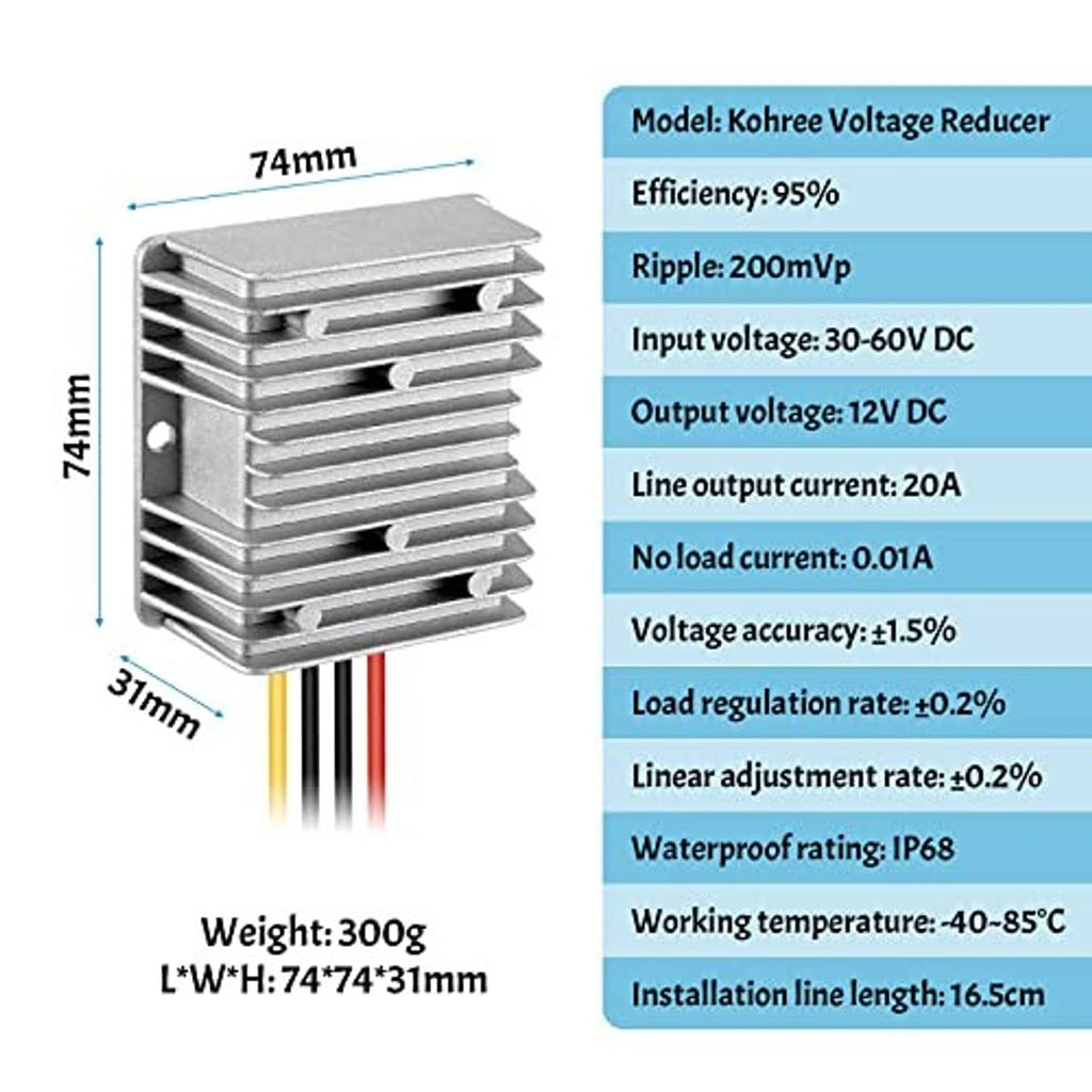 DC step-down converter module with size dimensions and mounting cable leads
