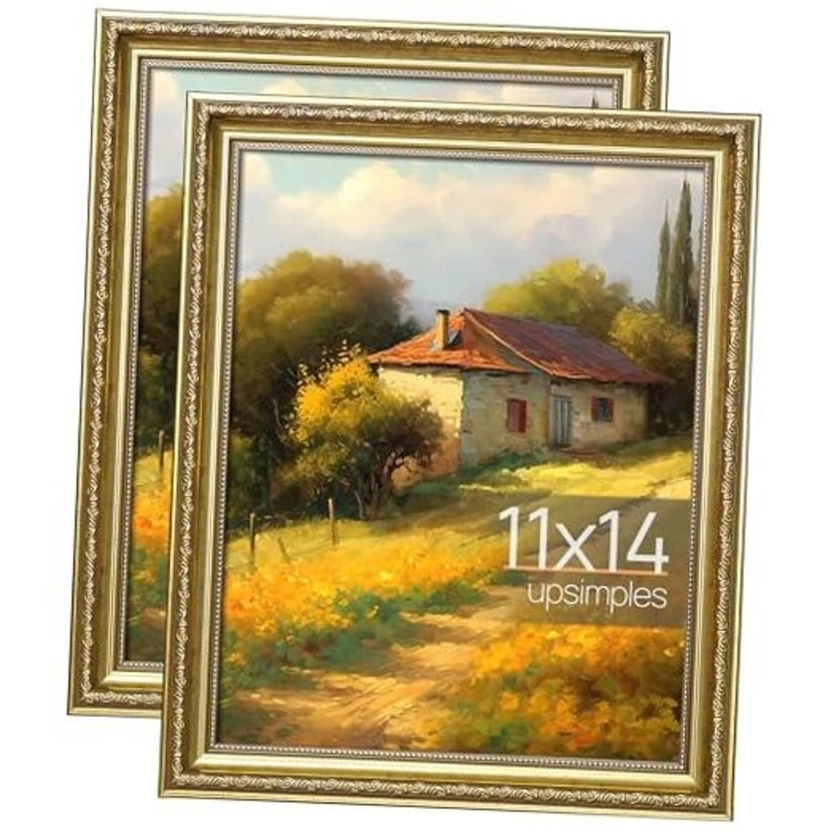 Ornate gold picture frame with real glass for 11x14 photos, two frames shown