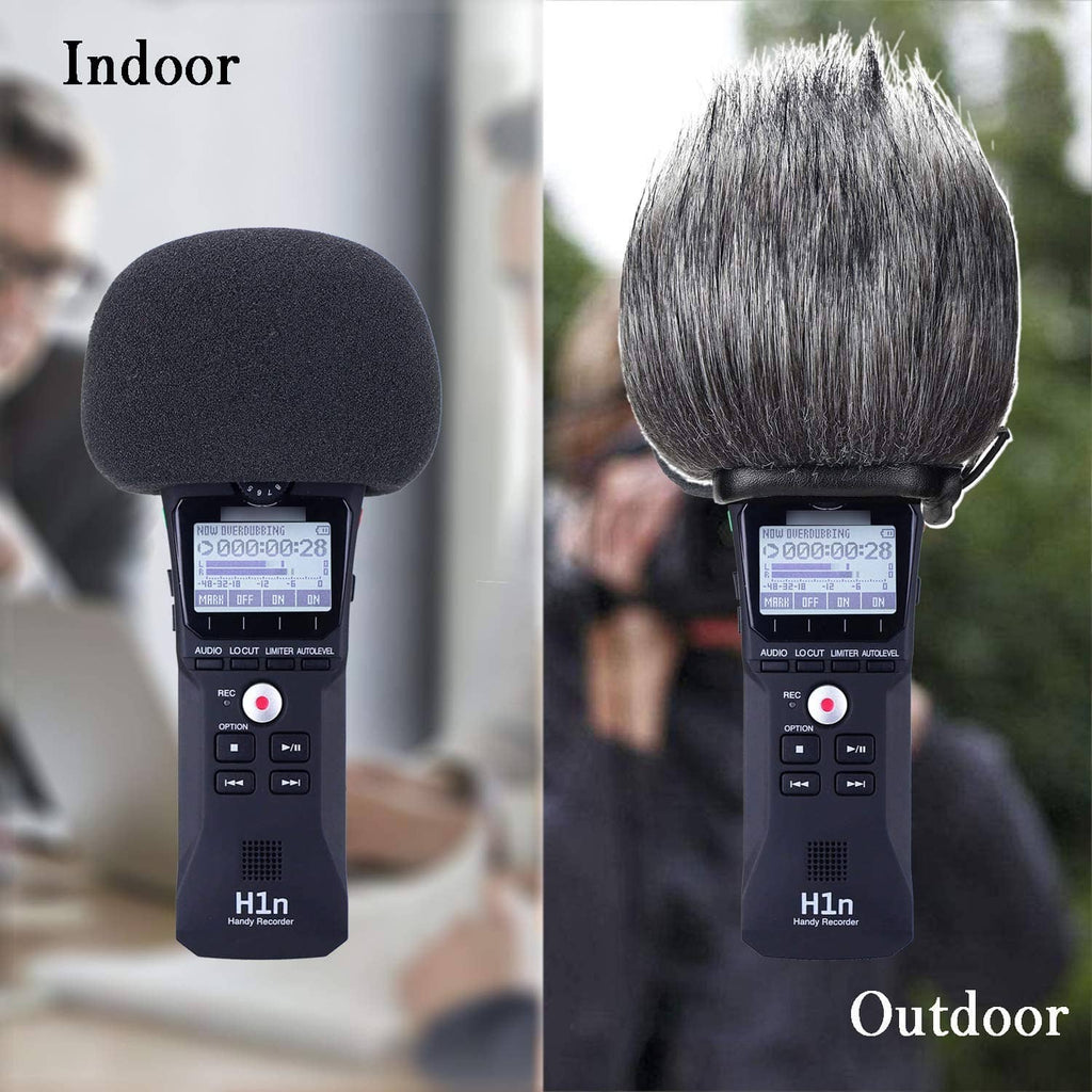 Black foam and gray furry windscreens mounted on handheld audio recorder