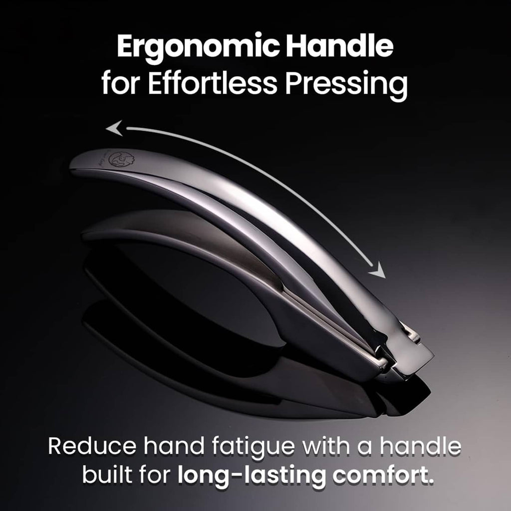 Stainless steel garlic press with ergonomic grip handle for comfortable pressing
